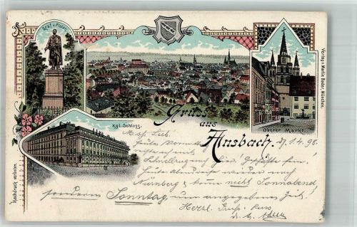 Ansbach 1898 Graf von Platen-Denkmal Kgl. Schloss Oberer Markt Wappen