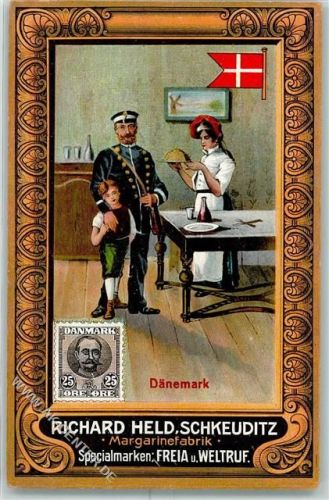 Schkeuditz Margarinefabrik Richard Held Serie Briefträger aus Dänemark Briefmarke und Fahne Schmuckrahmen AK