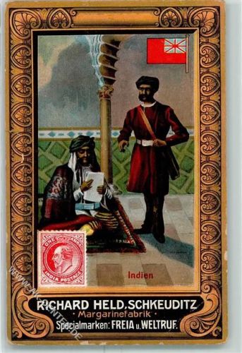 Schkeuditz Margarinefabrik Richard Held Serie Briefträger aus Indien Briefmarke und Fahne Schmuckrahmen AK