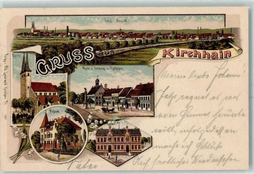 35274 W3575 Kirchhain 1903 Lithographie Kirche Markt mit Denkmal und Rathaus Postamt Schule