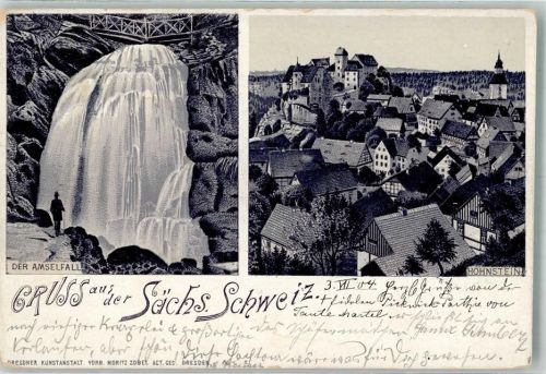 01848 O8352 Hohnstein 1904 Lithographie Amselfall Wasserfall
