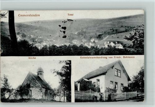 Emmershausen 1920 Warenhandlung Buhlmann, Kirche AK Stempelflecken