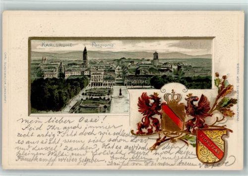 Karlsruhe 1901 Prägedruck Wappen Lithographie