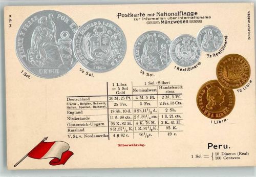 Münzenkarte und Nationalflagge Münzabbildungen Geld auf AK Lithographie