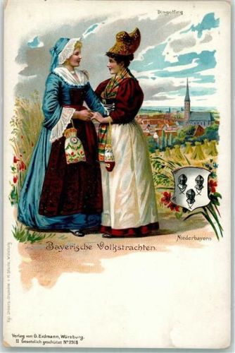 84130 W8312 Dingolfing Lithographie Bayerische Volkstrachten Niederbayern Wappen