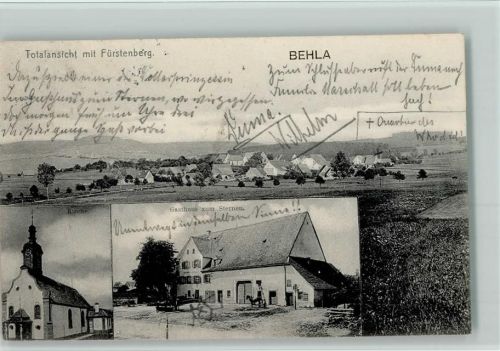 Behla 1909 Total mit Fürstenberg, Kirche, Gasthaus zum Sternen AK