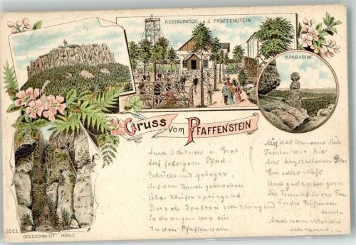 Königstein 1898 Goldschmidt-Höhle Barbarine Gasthaus auf dem Pfaffenstein Farn Vers