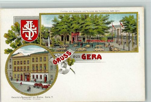 Gera Gruss aus - Geinitz Restaurant zur Bleibe, Garten mit Turnhalle , sehr gute Erhaltung AK