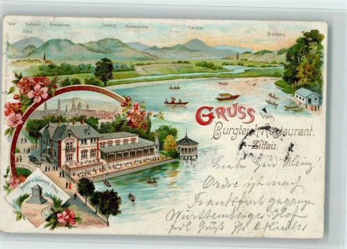 02763 O8800 Zittau Lithographie Gruss aus - Burgteich Restaurant AK