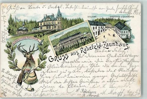 Rehefeld-Zaunhaus 1898 Kgl. Jagdschloss Rehefeld Bahnhof Zollamt Gasthaus Fischerhaus Hirsch Eichenlaub Gewehr