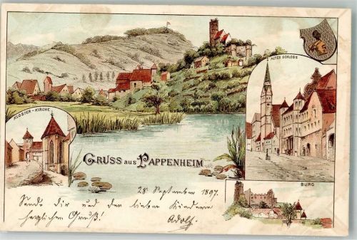 Pappenheim 1897 Lithographie Kloster-Kirche Altes Schloss Burg Leim löst sich