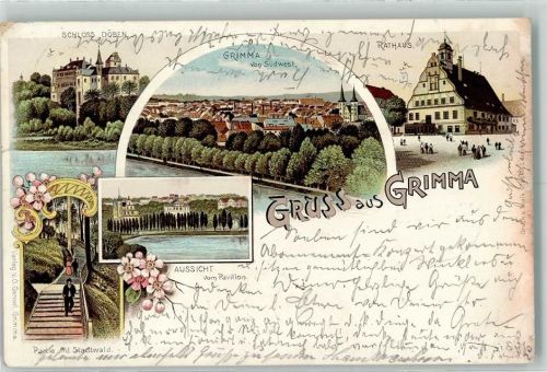 04668 O7240 Grimma 1898 Lithographie Schloss Döben Partie a. d. Stadtwald Aussicht vom Pavillon Rathaus
