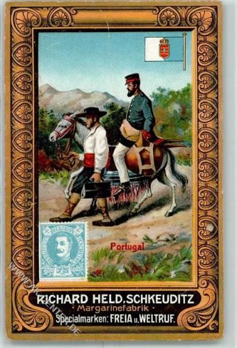 Schkeuditz Margarinefabrik Richard Held Serie Briefträger aus Portugal Briefmarke und Fahne Schmuckrahmen AK