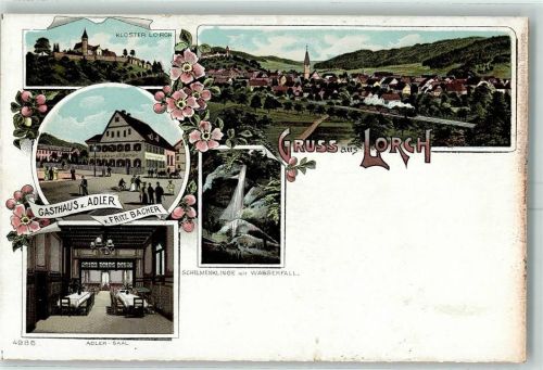 Lorch Kloster Lorch Gasthaus Zum Adler Adler-Saal Schelmenklinge mit Wasserfall Lithographie