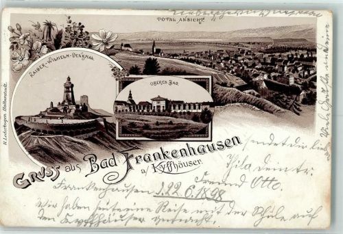 06556 O4730 Bad Frankenhausen ,Kyffhäuser 1898 Lithographie Vorläufer Druck 1890-1895 Kaiser Wilhelm-Denkmal Oberes Bad