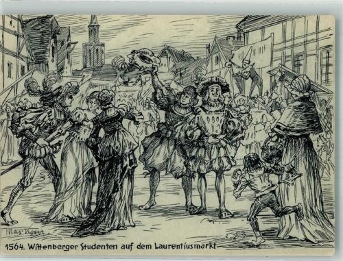 Coswig 225 Jahrfeier der Schützengesellschaft zu Coswig Historischer Festzug 1564 Wittenberger Studenten auf dem Laurentiusmarkt sign. Max Korn