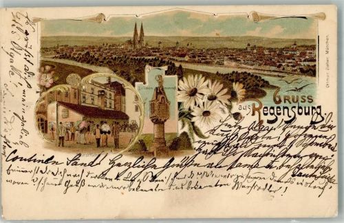 Regensburg 1897 Denkmal Brückenmännel Wurstküche Lithographie