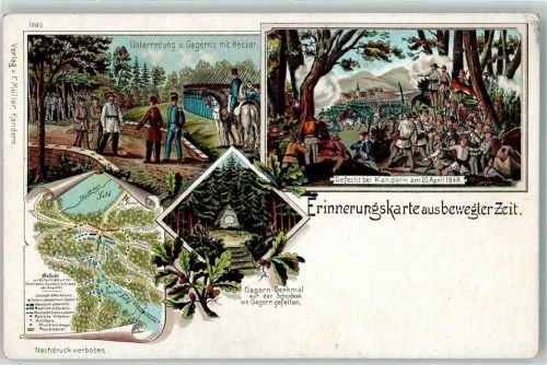 1900 Gruss aus Erinnerungskarte aus bewegter Zeit - Gefecht bei Kandern , Unterrdung v. Gagerns mit Hecker