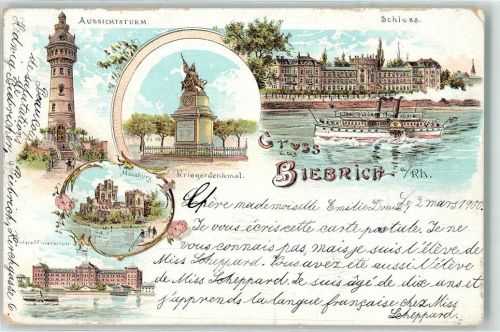 Biebrich 1900 Aussichtsturm Schloss Raddampfer Kriegerdenkmal Moosburg Unteroffizierschule