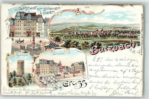 Butzbach 1902 Gasthaus zum goldnen Löwen Hexenturm Marktplatz Brunnen Kutsche Blumen Gruss Lithographie