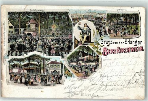 Erlangen 1901 Bergkirchweih Erchis-Felsenkeller Hippodrom Schießhaus Birkners-Felsenkeller Lithographie