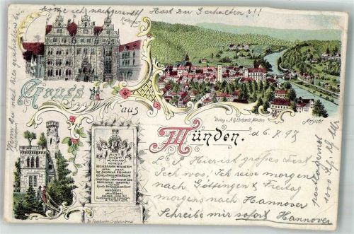 Münden 1897 Lithographie Grabdenkmal Dr. Eisenbarth Rathaus Aussichtsturm