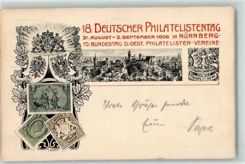 Nürnberg 18. Deutscher Philatelistentag 1906 10. Bundestag D.-Öster. Philatelisten-Vereine Briefmarkenabbildungen Flaggenstempel