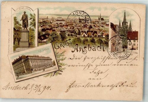 Ansbach 1894 Vorläufer Druck 1890-1895 Graf v- Platen-Denkmal Kgl. Schloss Oberer Markt