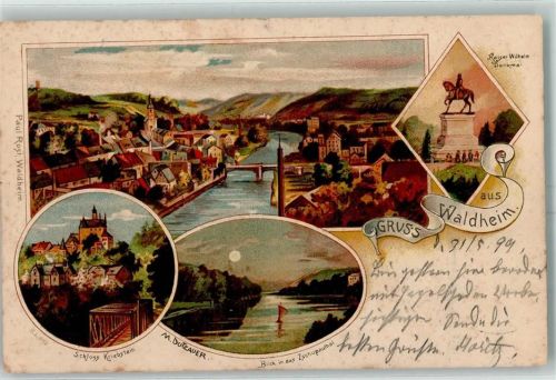 04736 O7305 Waldheim , Sachs 1899 Künstlerkarte Kaiser Wilhelm Denkmal Schloss Kriebstein Zschopauthal Mondschei sign M. Dutzauer