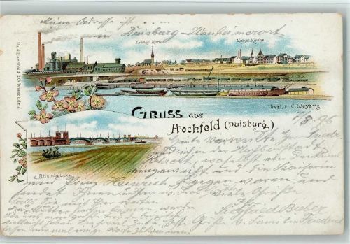 Hochfeld 1898 Binnenschiffe, Hochöfen, Rheinbrücke AK