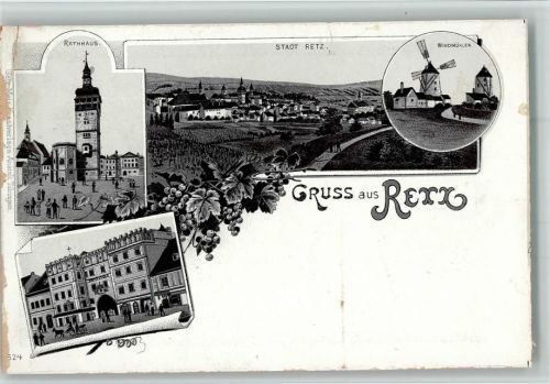 Retz Gruss aus - Rathaus, Windmühlen u. Stadt - Metz AK Eckknick, Rand geschürft