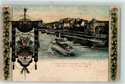 Pirna 1904 !. General Appel ehemaliger Artilleristen Seitenraddampfer Banner