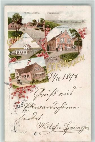 26969 W2890 Eckwarden 1898 Lithographie Kirche Schule Anlegebrücke Kurhaus Hinrichs Hotel Eilers Hotel
