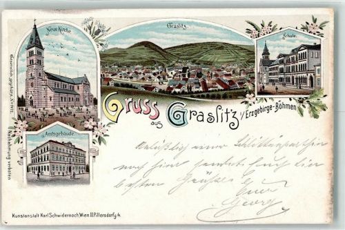 Kraslice 1899 neue Kirche Amtsgebäude Schule