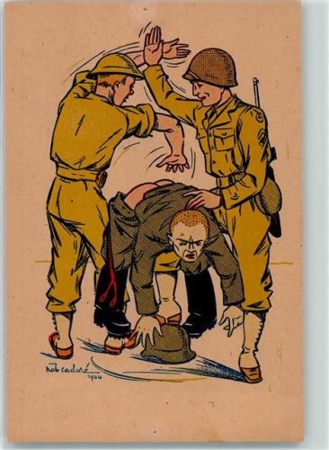 1944 sign. Cadore, Rob. Englischer und amerikanischer Soldat versohlen deutschem Landser den Hosenboden Künstlerkarte