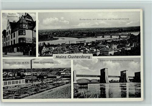 65462 W6095 Ginsheim-Gustavsburg 1940 - MAN Fabriken, Saalbau Gasthaus, Schleuse , gute Erhaltung AK