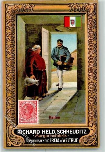 Schkeuditz Margarinefabrik Richard Held Serie Briefträger aus Italien Briefmarke und Fahne Mönch Schmuckrahmen AK