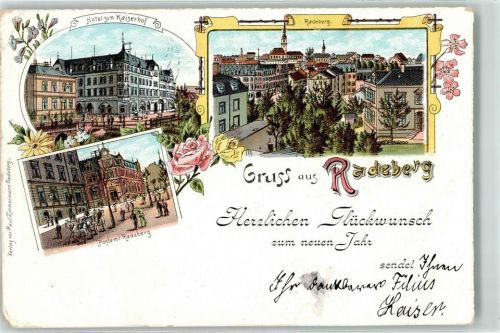 Radeberg 1899 Hotel zum Kaiserhof Postamt Kirche Gruss Blumen Kutsche Herzlichen Glückwunsch zum neuen Jahr