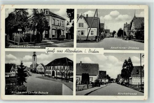 Altenheim Gasthaus z. Germania Adolf Hitler Straße Kirche mit Landw. Schule Kirchstraße WK II