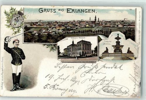 Erlangen 1898 Collegien Gebäude Luitpold Brunnen Wappen Mann Uniform Schwert Gruss
