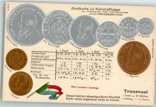 Transvaal Münzwesen mit Nationalflagge Münzabbildungen Geld auf AK Lithographie