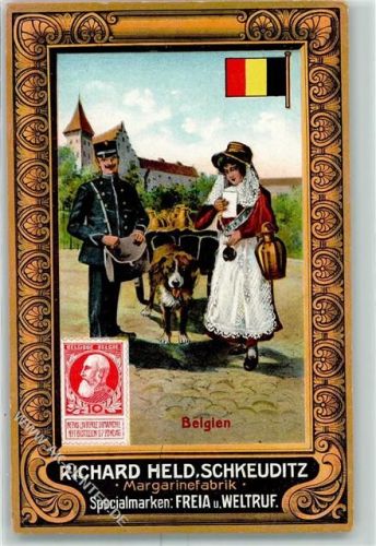 Schkeuditz Margarinefabrik Richard Held Serie Briefträger aus Belgien Hundekarren Briefmarke und Fahne Schmuckrahmen AK