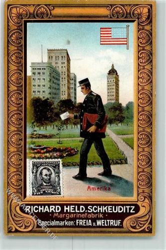 Schkeuditz Margarinefabrik Richard Held Serie Briefträger aus Amerika Briefmarke und Fahne Schmuckrahmen AK
