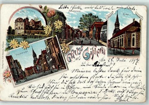 Gifhorn 1897 Schloss Gifhorn Hauptstraße Kirche Lithographie