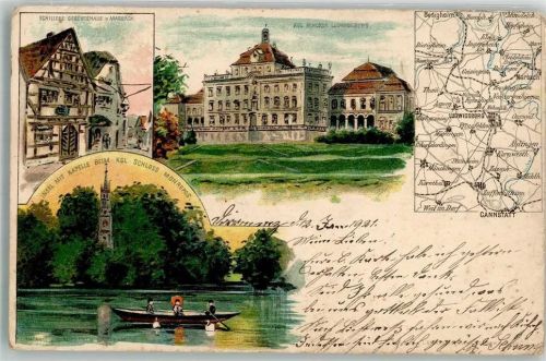 Kirchberg 1921 Schiller's Geburtshaus Kgl. Schloß Ludwigsburg Seeinsel Kapelle Schloß Monrepos Landkarte Ort lt. Stempel
