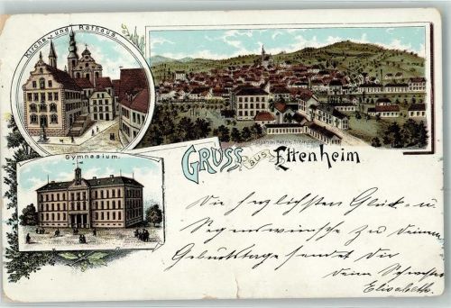 Ettenheim 1898 Kirche Rathaus Gymnasium Gruss Zigarren Fabrik Schindler Lithographie