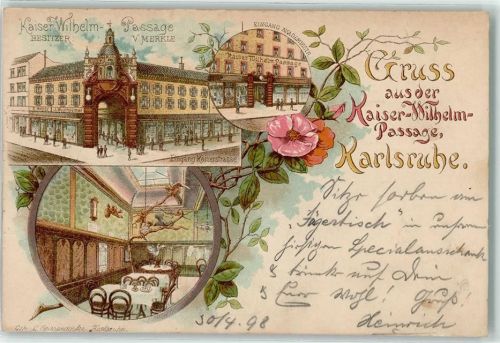 Karlsruhe 1898 Kaiser Wilhelm-Passage Eingang Kaiserstraße Gastraum Bahnpoststempel Lithographie