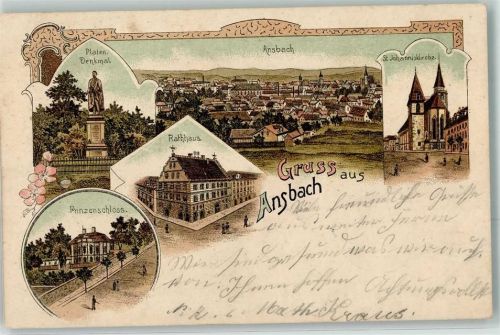 Ansbach 1903 Platen Denkmal St. Johanniskirche Rathaus Prinzenschloss
