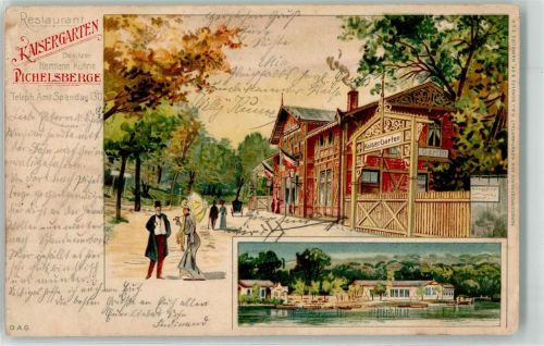 Spandau 1905 Gasthaus Kaisergarten Pichelsberge Fahnen Schwarz-Weiß-Rot Ruderboot Frau Schirm Lithographie