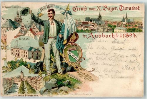 91522 W8800 Ansbach , Mittelfr 1897 - X. Bayer. Turnfest St. Gumbertuskirche Turnhalle Wappen